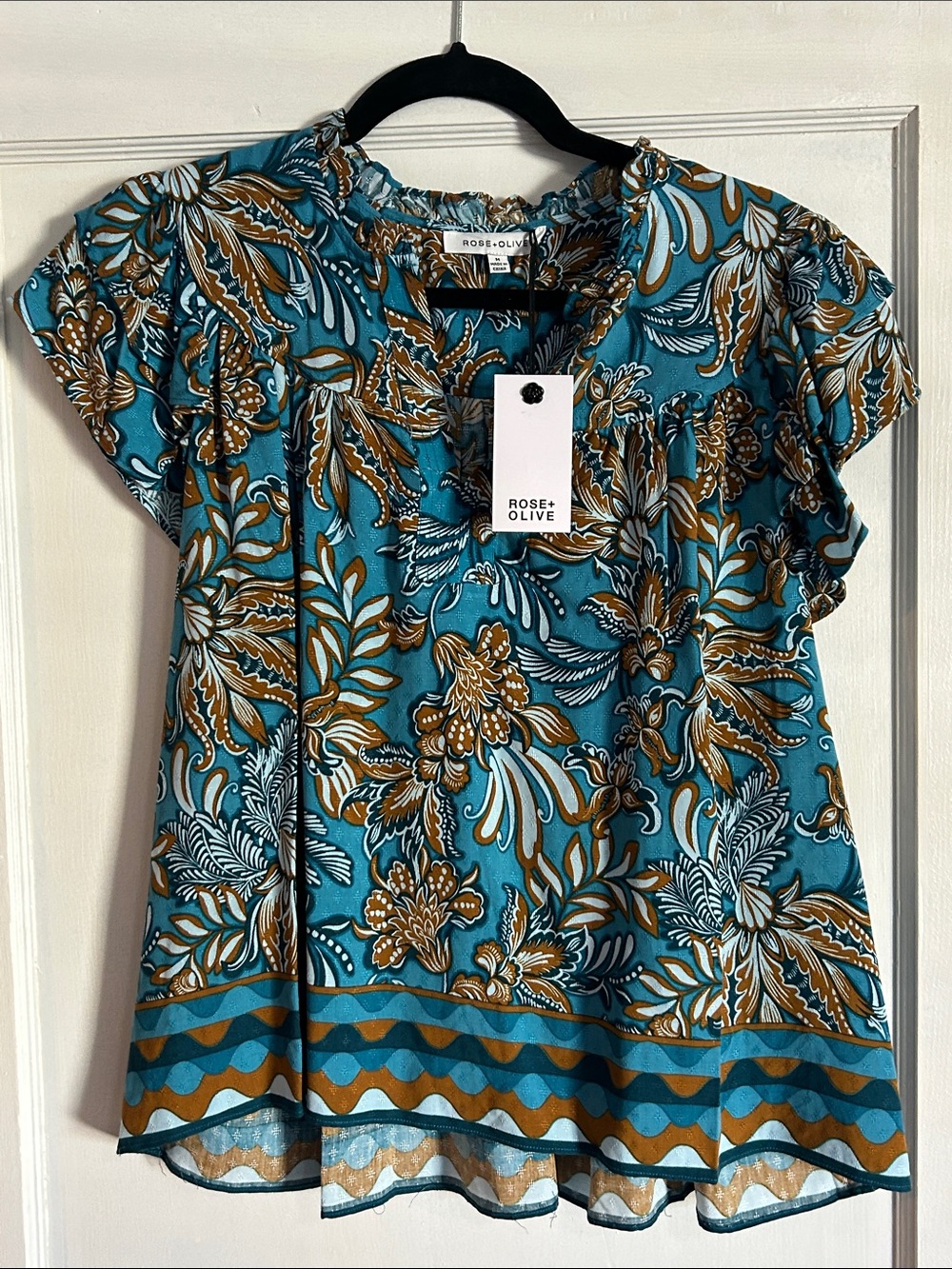 Rose & Olive Teal Floral Border-Print Short Sleeve Blouse
